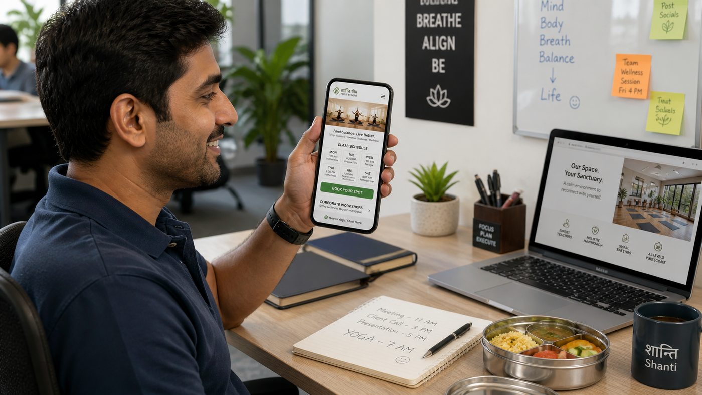 Member at home holding phone showing Shanti Yoga Studio website with class booking — laptop on side showing studio interior page. Dabba lunch + Shanti mug on desk