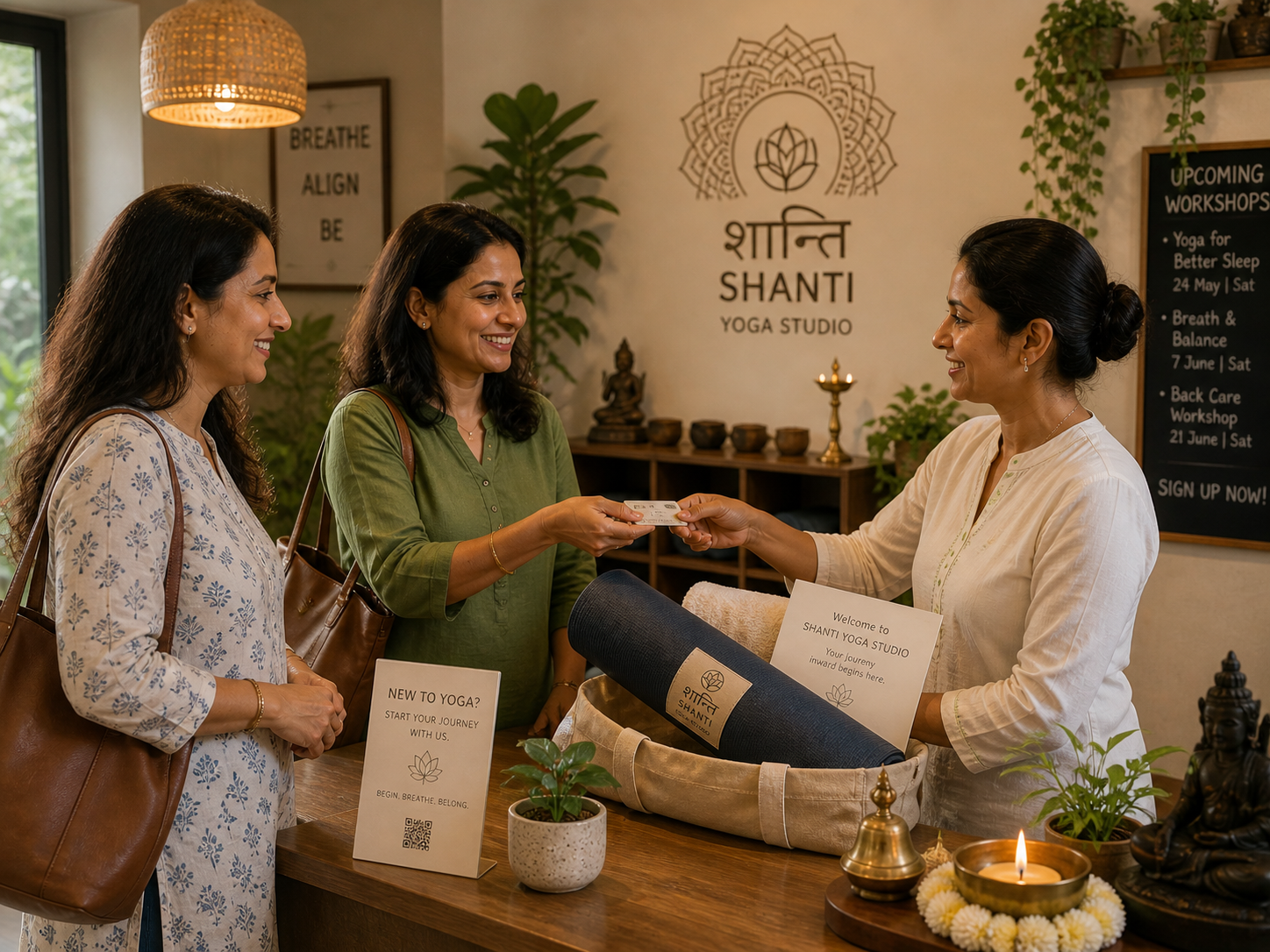 Welcome moment at Shanti Yoga Studio Bengaluru — front-desk attendant handing welcome card to two new students. Workshops board + diya + plumeria + signed-mat-rolls visible