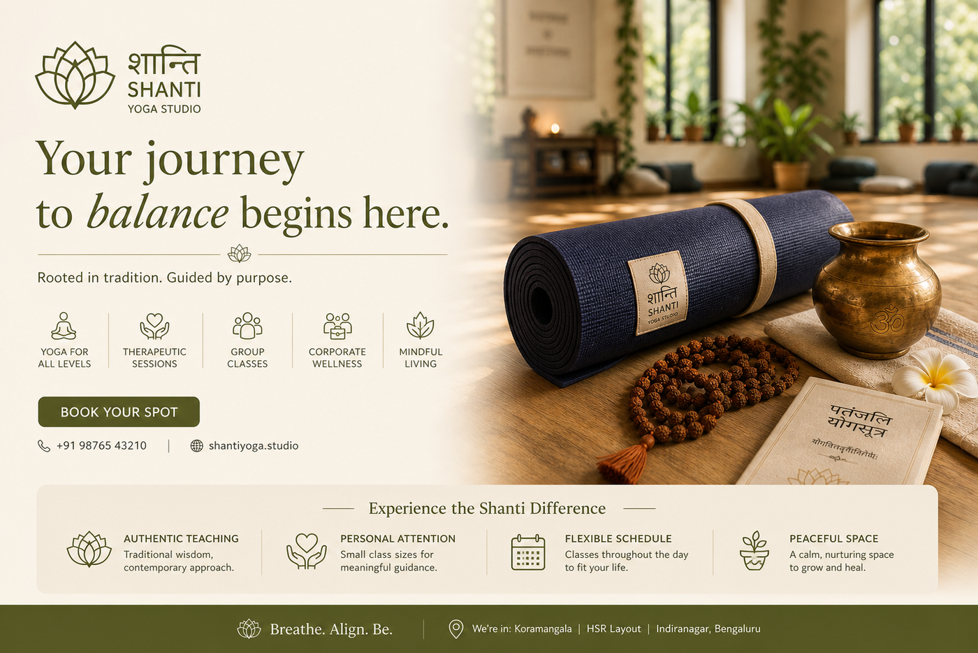 Shanti Yoga Studio designer panel — your journey to balance begins here · 5 service categories · 3 Bengaluru locations · Breathe Align Be
