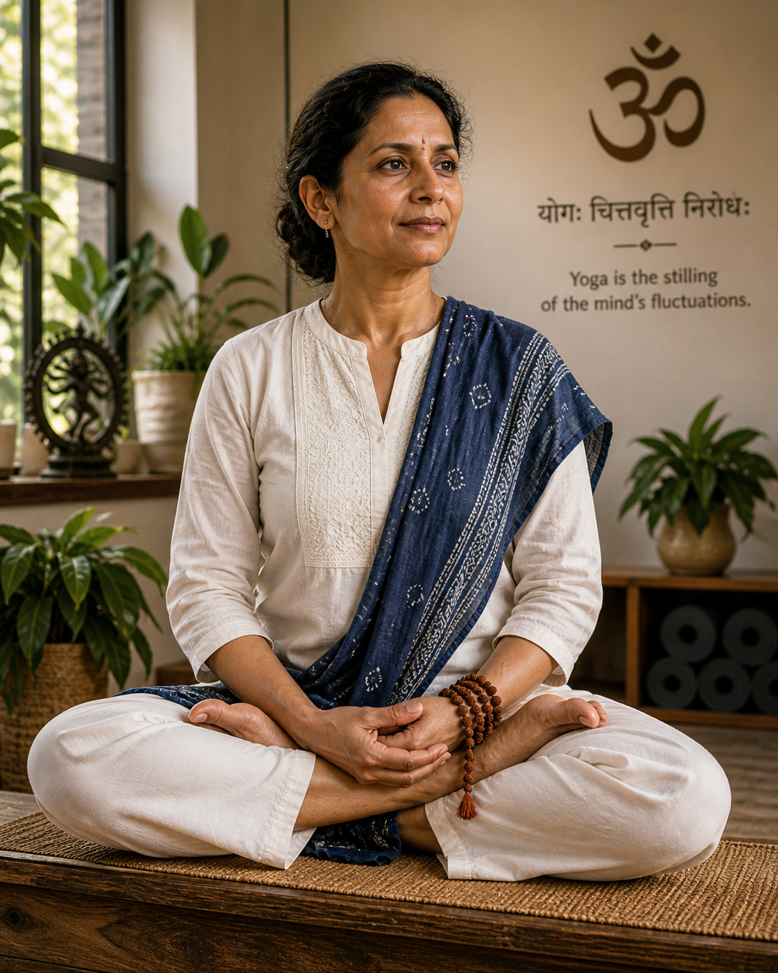 Ananya Joshi — founder of Shanti Yoga Studio Bengaluru. Seated in Sukhasana with rudraksha mala, Bihar School of Yoga lineage. ॐ + Patanjali Sutra calligraphy on wall behind