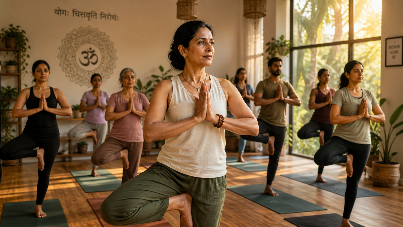 Group of practitioners holding Vrikshasana (tree pose) at Shanti Yoga Studio Bengaluru — योगः चित्तवृत्ति निरोधः wall calligraphy with ॐ behind