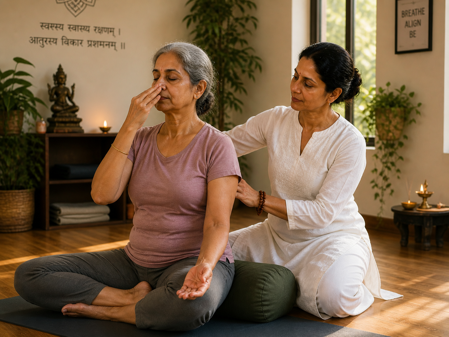 Private pranayama session at Shanti Yoga Studio Bengaluru — teacher guiding senior student through Anulom-Vilom. Brass diya + Nataraj murti + plants in window light