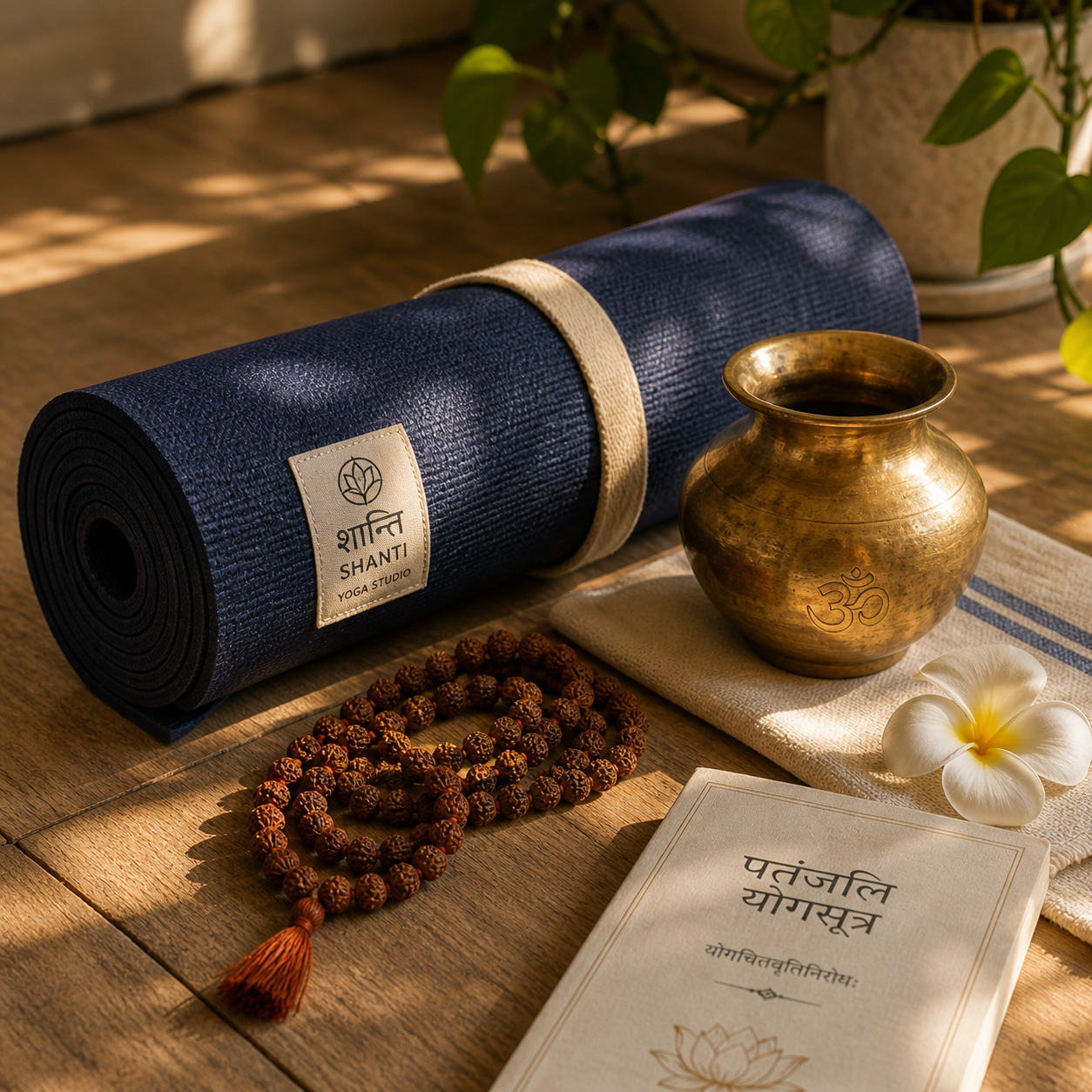 Shanti Yoga Studio brand still life — Shanti-branded yoga mat rolled, brass kalash with ॐ, rudraksha mala, copy of Patanjali Yoga Sutra, plumeria flowers